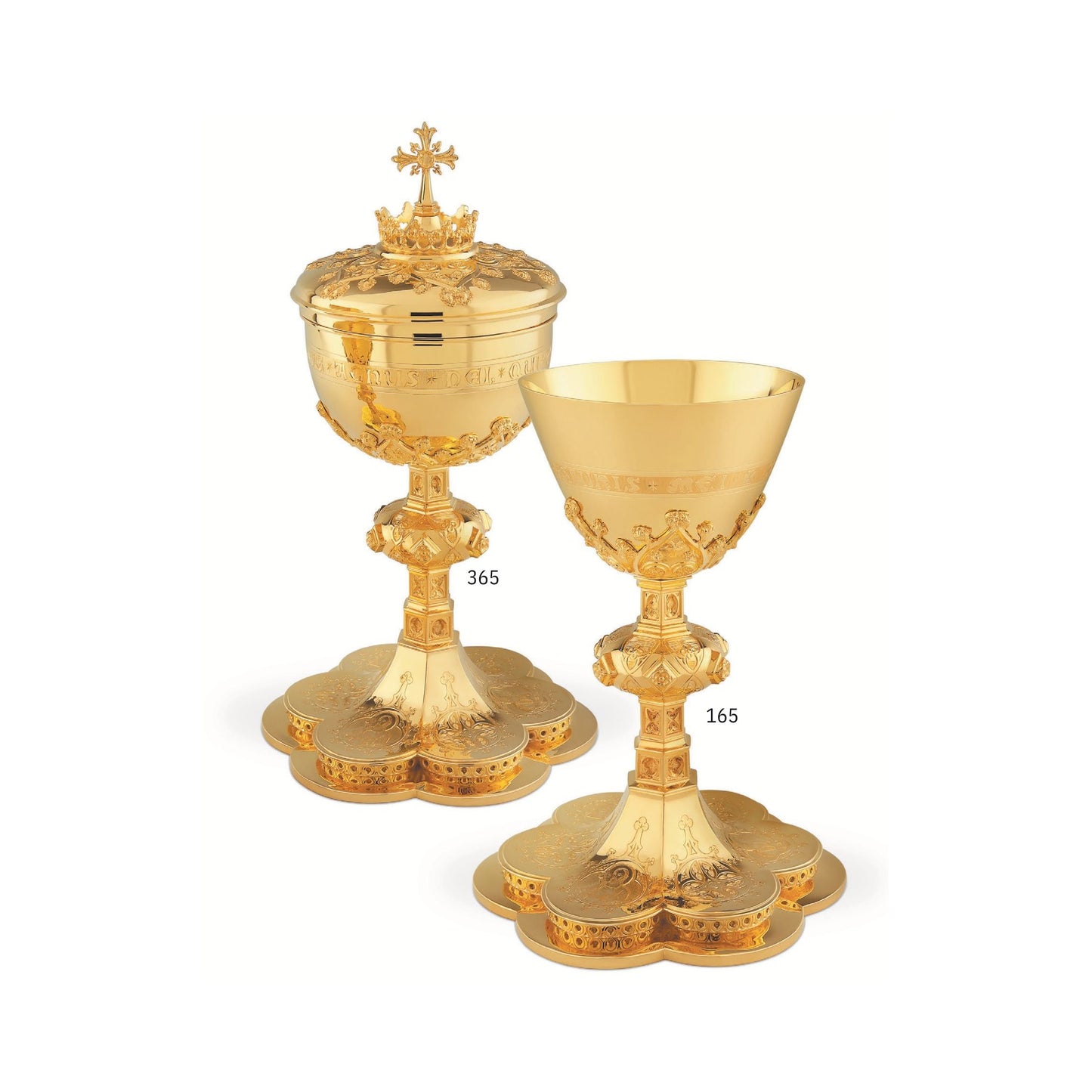 Chalice & Ciborium set neo-gothic style with engraved images of the Holy Family and cup inscription: Sold by The Clergy Store