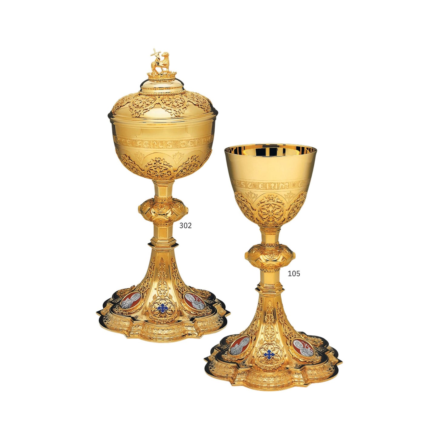 Chalice & Ciborium set Dish in neogothic style with medallions of the Holy Family sold by The Clergy Store