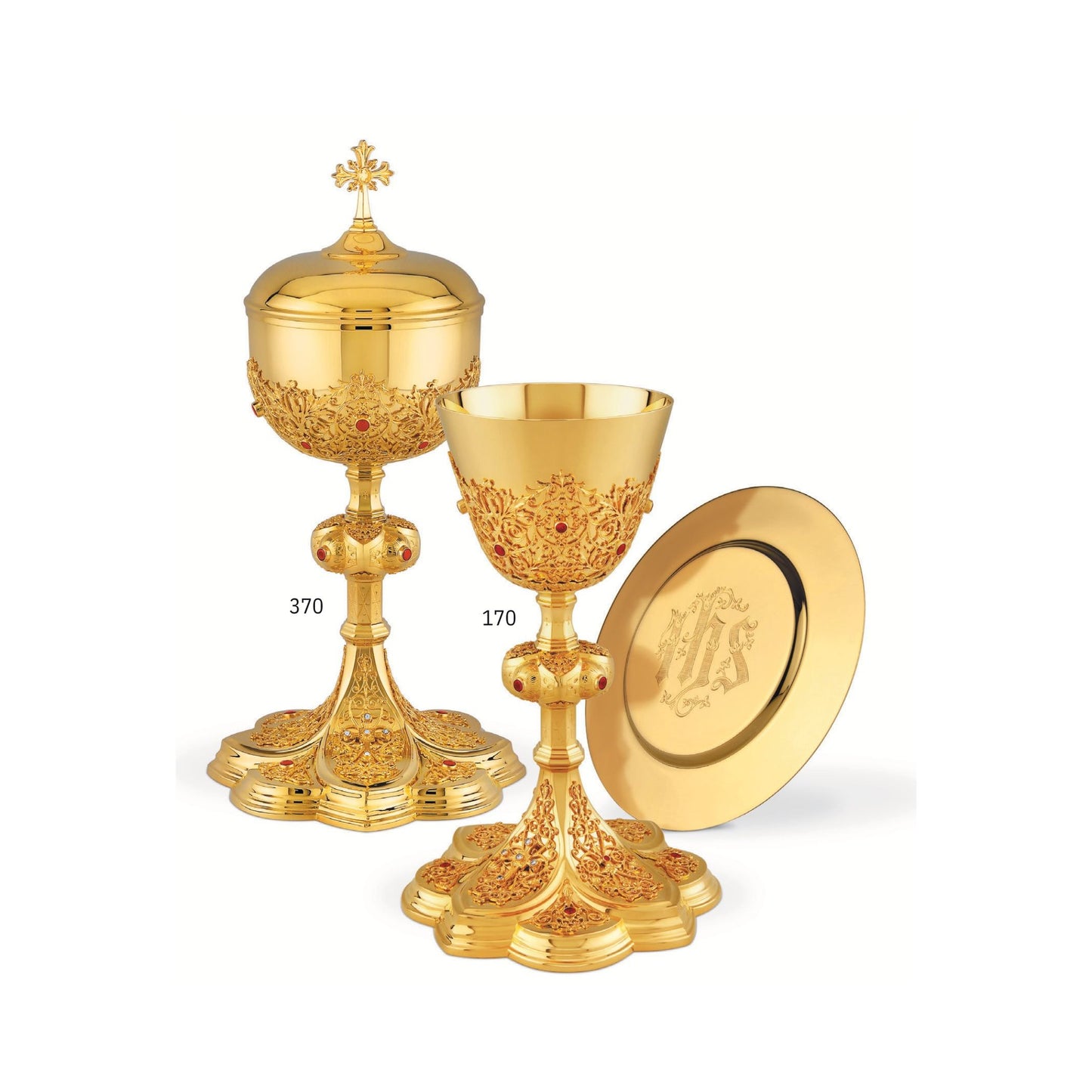 Chalice & Ciborium in neo-gothic style inspired by French chalices from the late 19th and the early 20th centuries. Sold by The Clergy Store