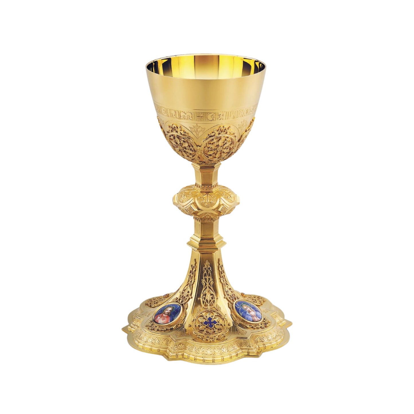 Chalice & Dish Paten in neo-gothic style with enameled medallions of
the Holy Family and cup inscription: “HIC EST ENIM CALIX SANGUINIS
MEI” , 8 5/8” Ht. sold by The Clergy Store