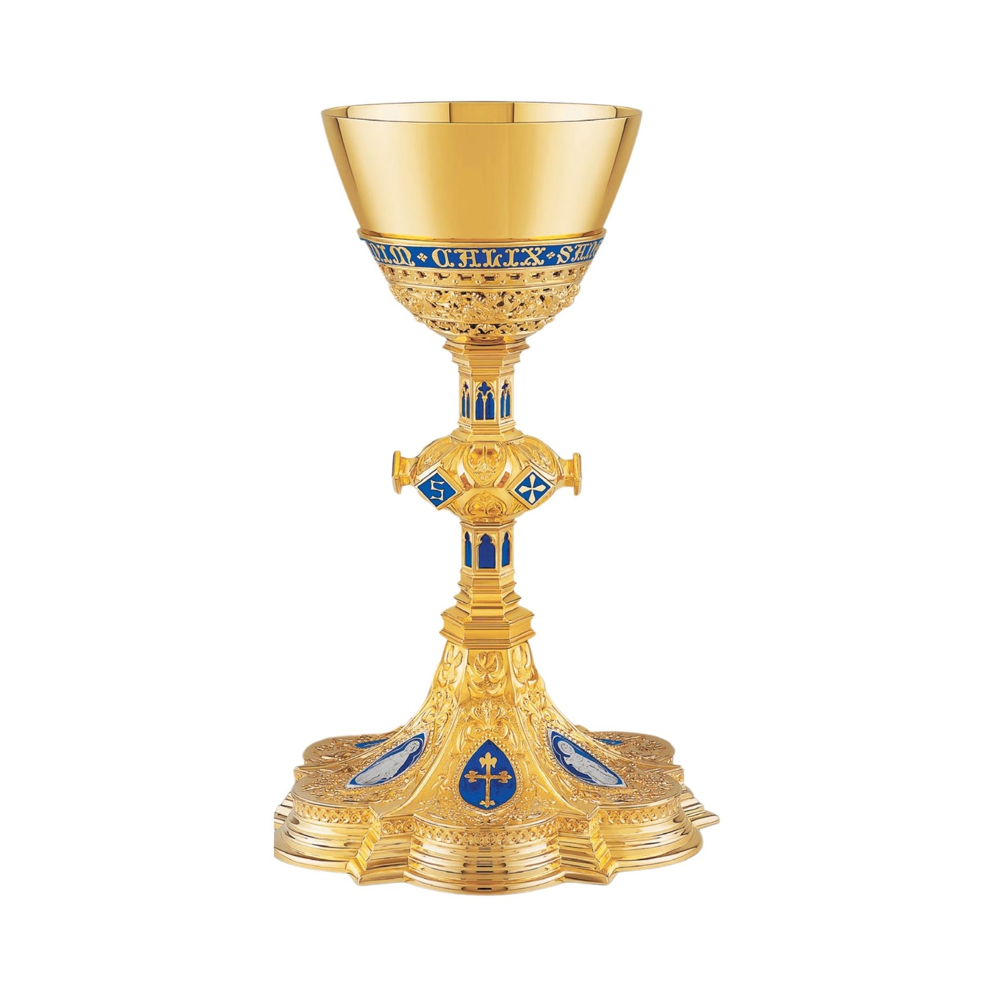 Chalice & Dish Paten in neo-gothic style with enameled medallions of
the Holy Family and cup inscription: “HIC EST ENIM CALIX SANGUINIS
MEI” 9 7/8” Ht. Sold by The Clergy Store
