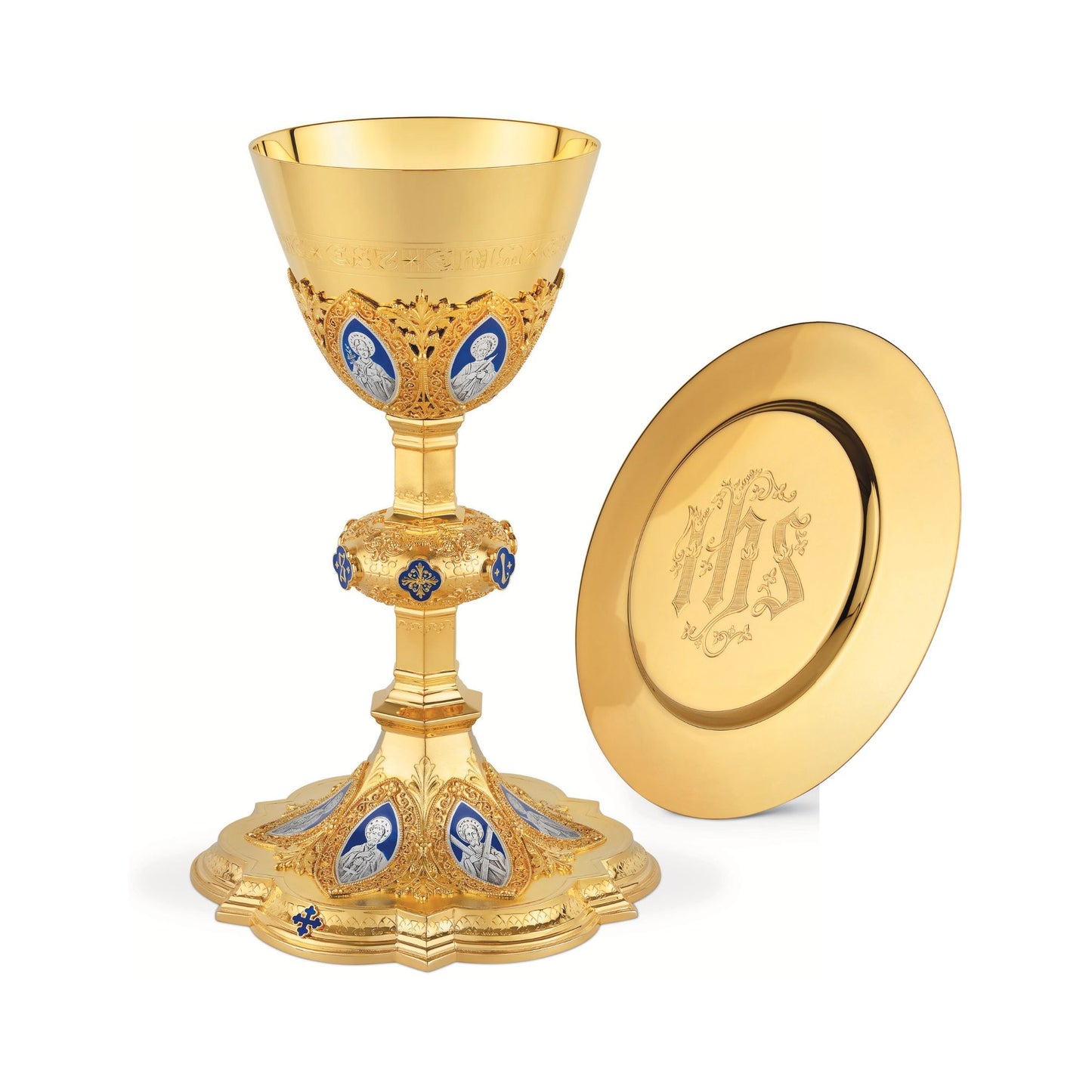 Chalice & Dish Paten in neo-gothic style with enameled medallions
of the Twelve Apostles and cup inscription: “HIC EST ENIM CALIX SAN GUINIS MEI” , 9 7/8” Ht. sold by The Clergy Store
