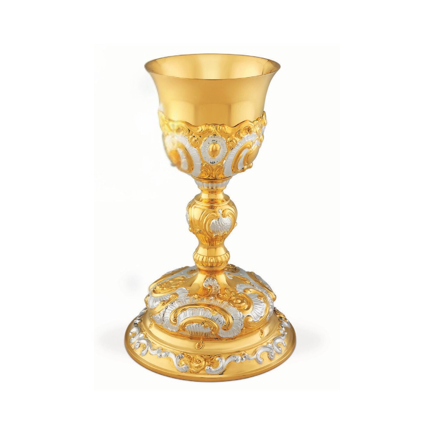 Chalice & Paten in baroque style. 9" height, Made in Poland and sold by The Clergy Store