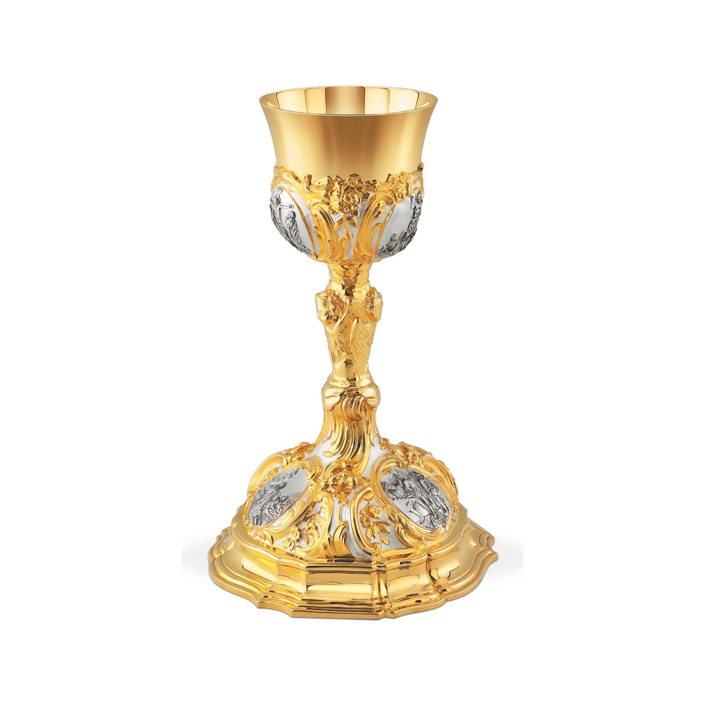 Chalice & Paten in baroque style with images of the Life of Christ,
11” Ht. sold by The Clergy Store