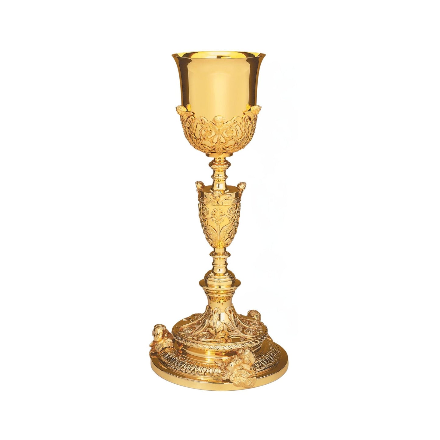 Chalice & Paten in empire style with angel figures, 11 3/4” Ht. sold by The Clergy Store