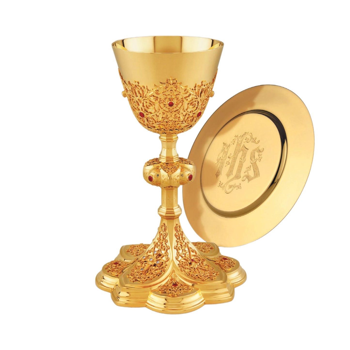Chalice & Paten in neo-gothic style inspired by French chalices from the late 19th and the early 20th centuries, 8 5/8” Ht. Sold by The Clergy Store