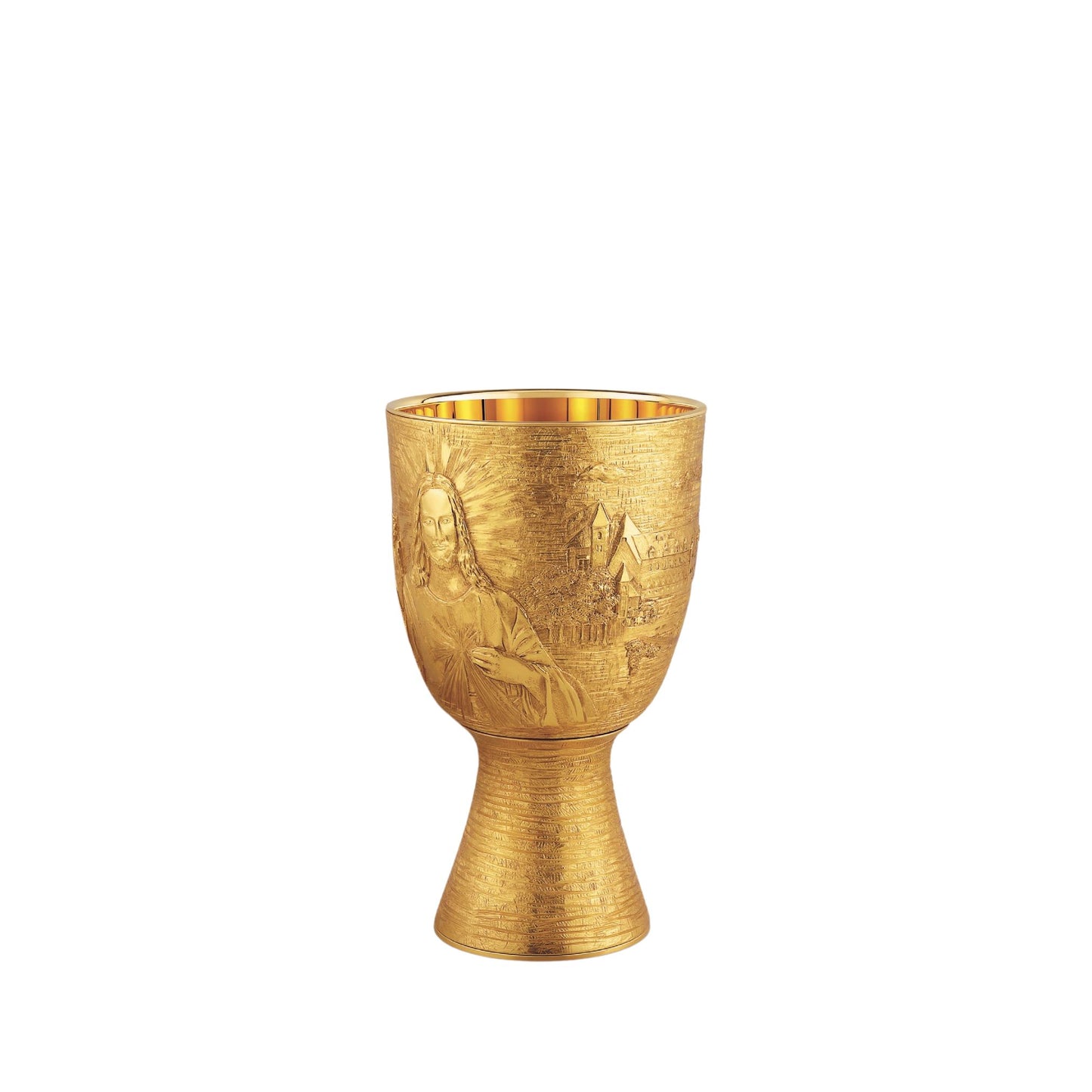Chalice & Paten with Ring in modern style with images of Merciful Jesus, St. Faustina and the Sanctuary of the Divine Mercy in Lagiewniki, 7 1/4” Ht. sold by The Clergy Store