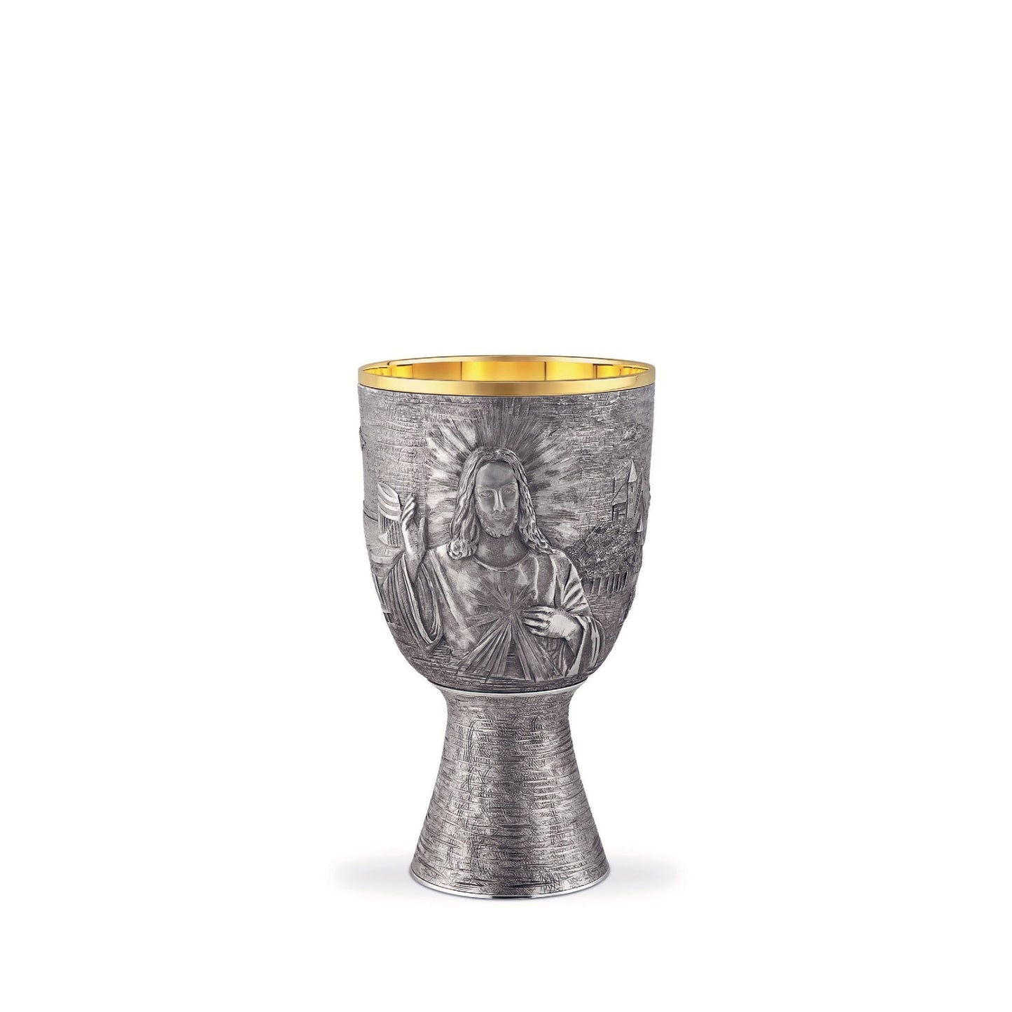 Chalice & Paten with Ring in modern style with images of Merciful Jesus, St. Faustina and the Sanctuary of the Divine Mercy in Lagiewniki, 7 1/4” Ht. sold by The Clergy Store