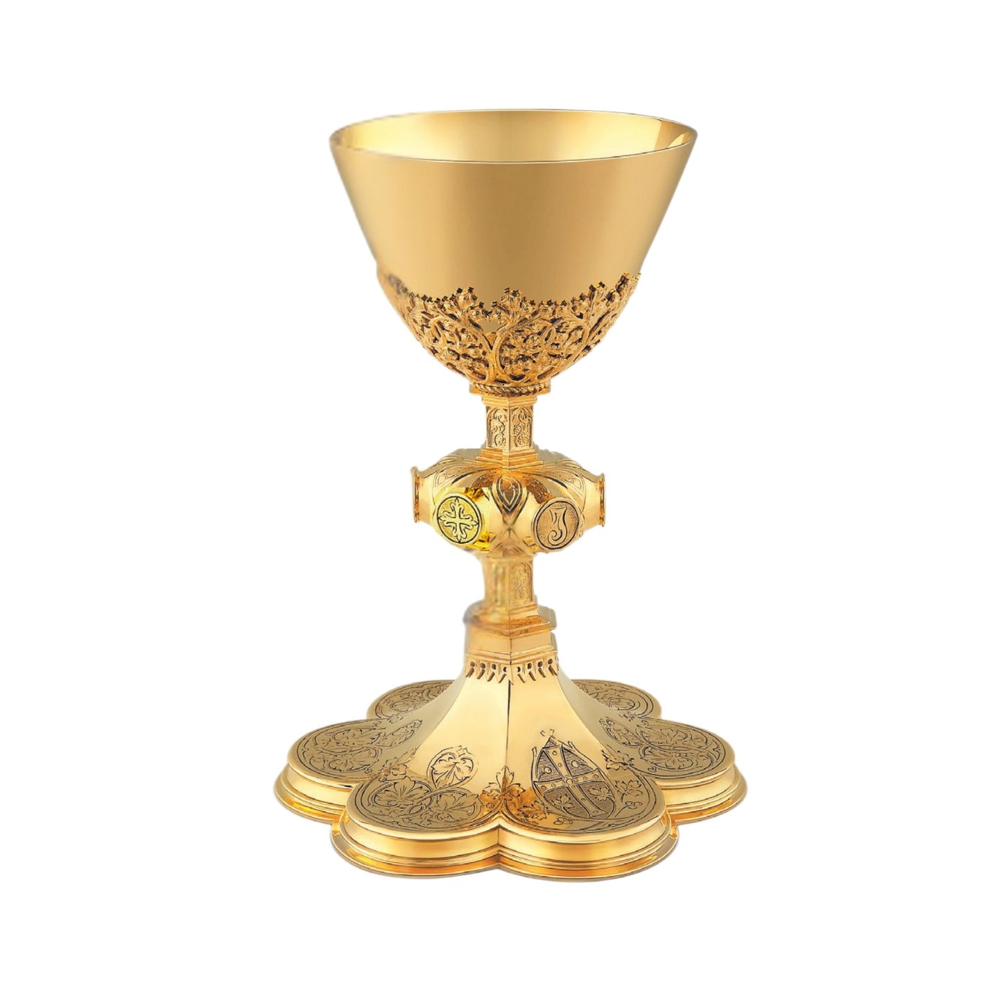 Chalice & Scale Paten in neo-gothic style with engraved cross symbol
and elaborate floral design. Made in Poland and sold by The Clergy Store