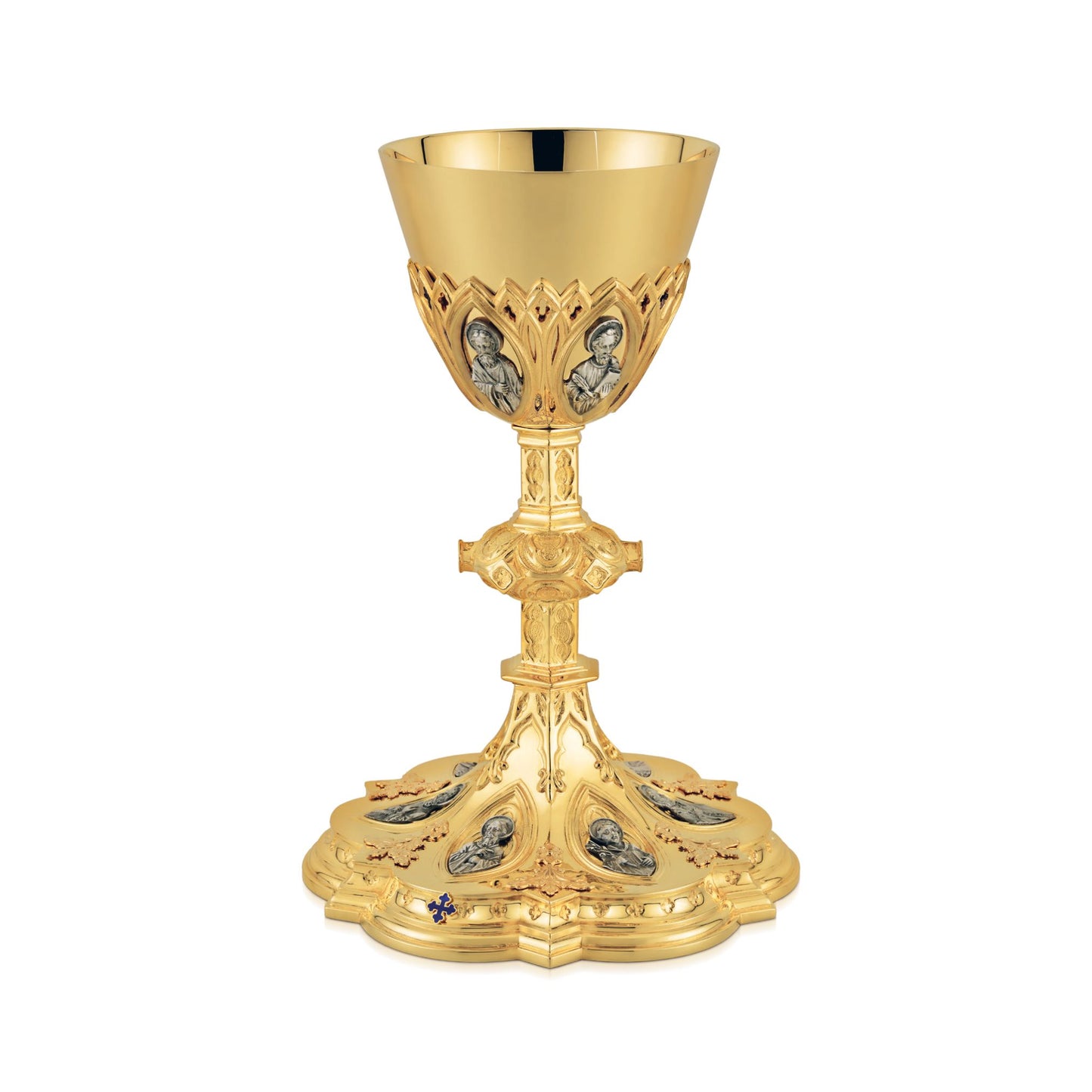 Chalice & Scale Paten in neo-gothic style with medallions of the Twelve
Apostles 9” Ht. sold by The Clergy Store