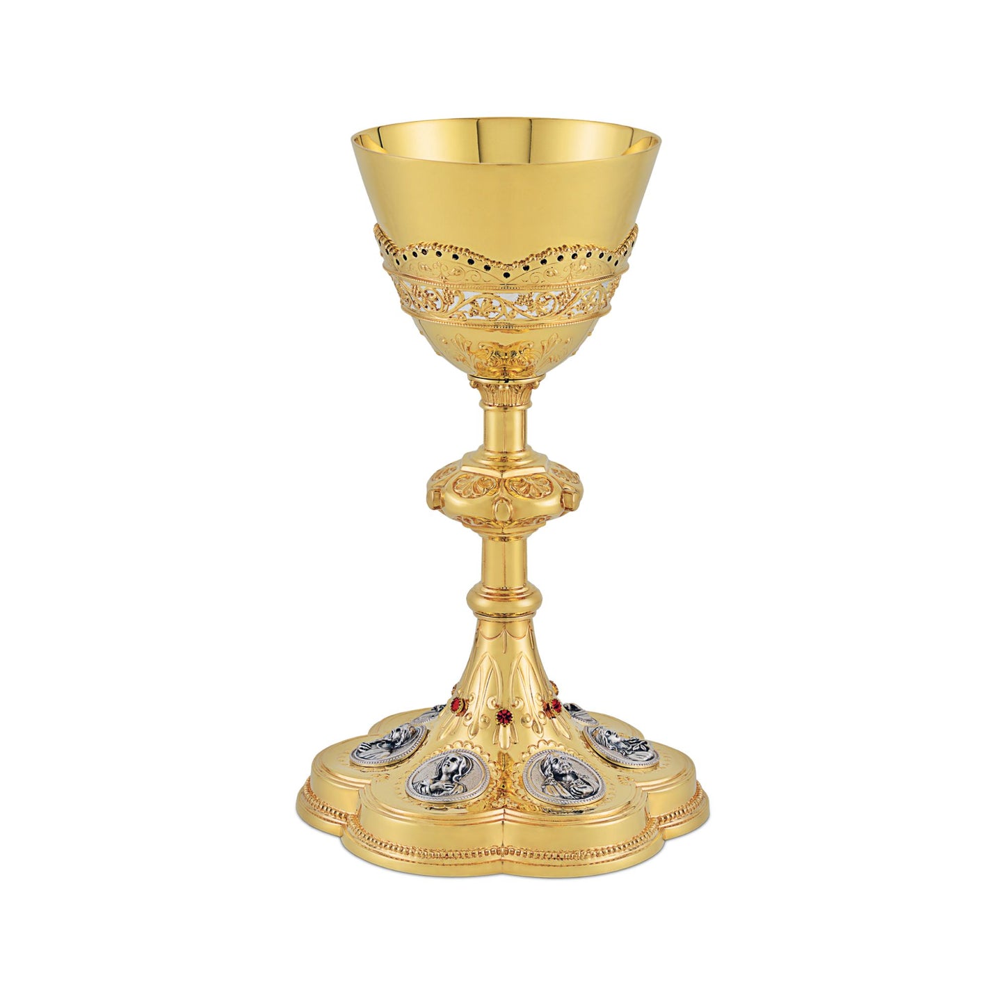 Chalice & Scale Paten in neo gothic style with medallions of the Holy
Family and saints, 9 1/4” Ht. sold by The Clergy Store