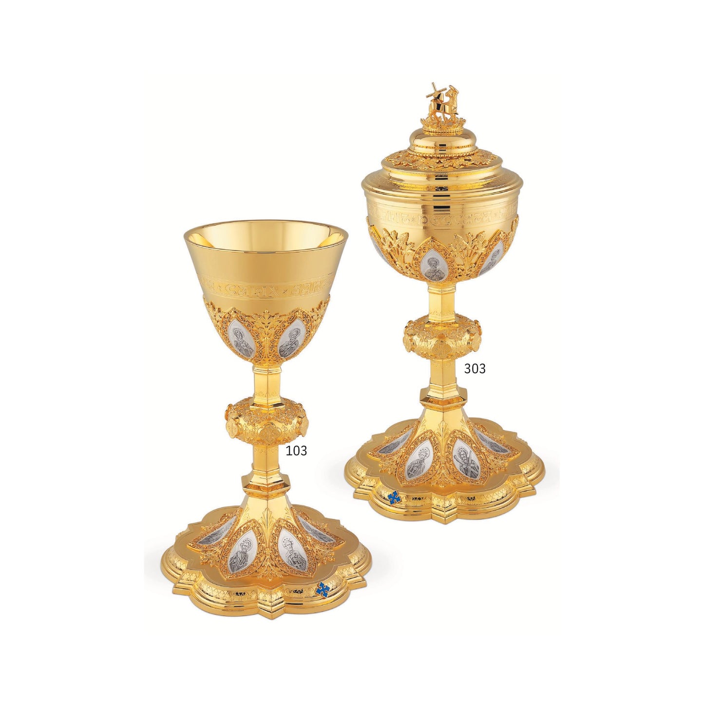 Chalice and Ciborium set in neo-gothic style with medallions of the Twelve Apostles . Sold by The Clergy Store