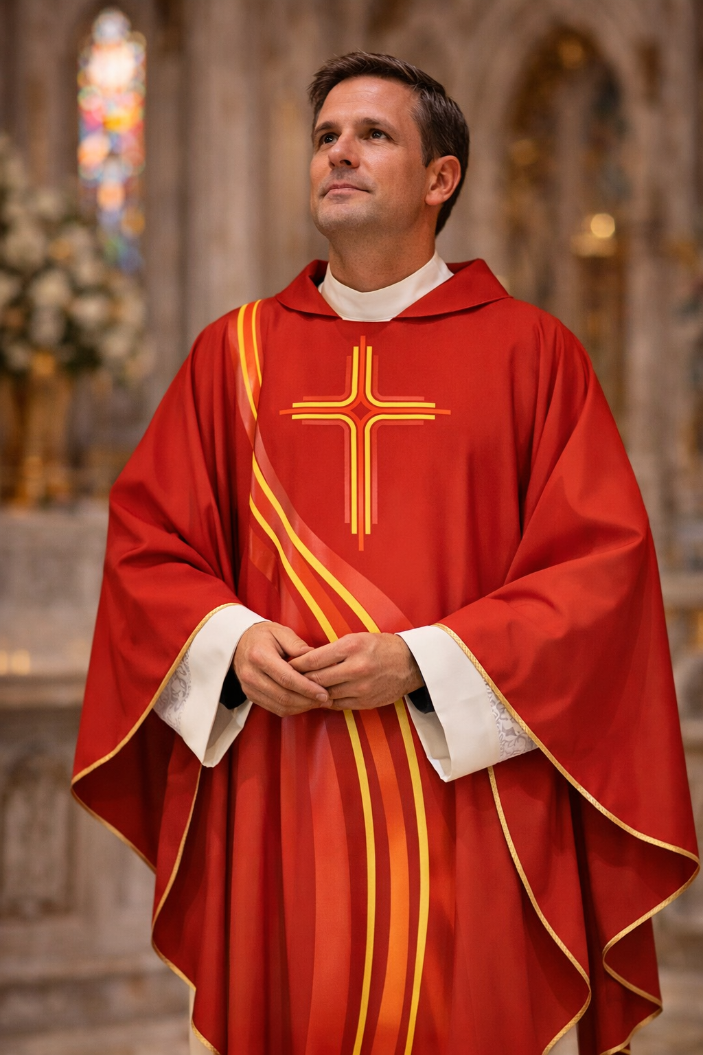 Priest wearing a sublimation printed "River of Life" chasuble in Red. Made in Italy