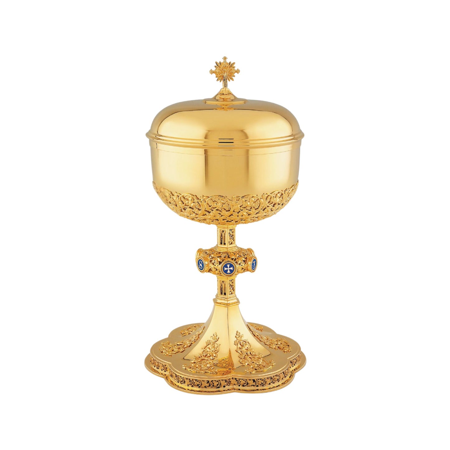 Ciborium neo-gothic style with blue enameled letters JESUS on node, 12 14" Ht. Sold by The Clergy Store