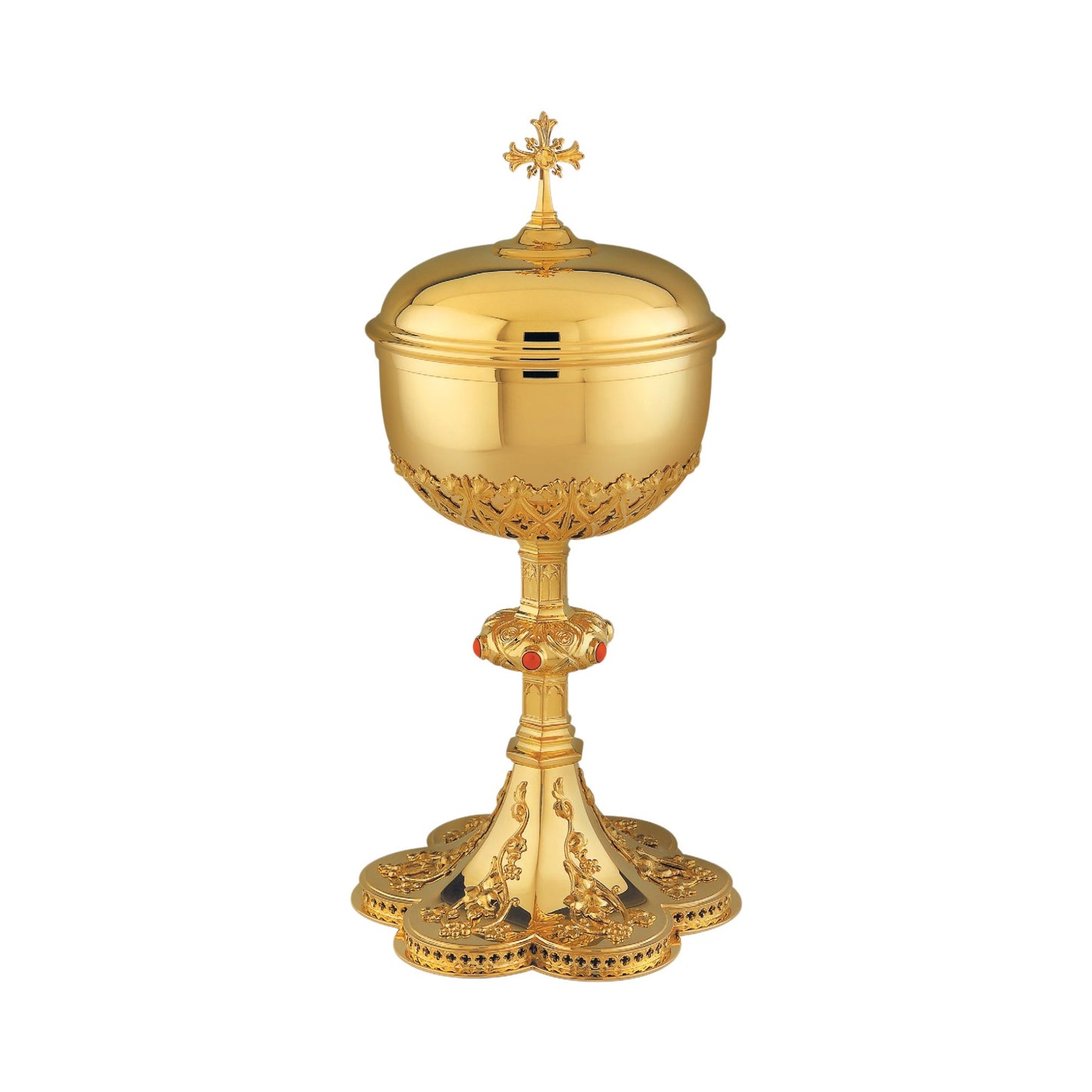Ciborium in neo-gothic style with elaborate floral design 8 5/8”
Ht. Sold by The Clergy Store