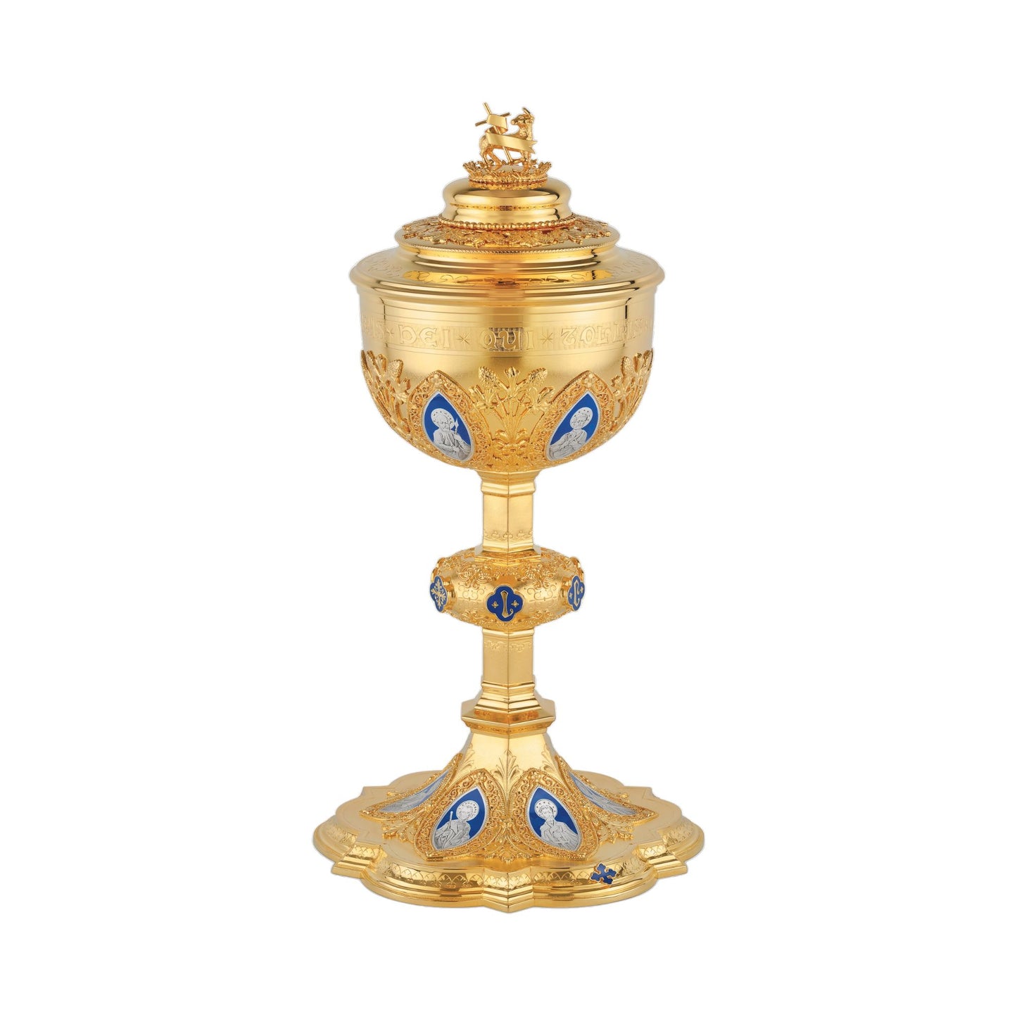 Ciborium in neo-gothic style with enameled medallions of the Twelve Apostles and cup inscription: “ECCE AGNUS DEI QUI
TOLLIT PECCATA MUNDI” , 12” Ht. 200 Hosts. Sold by The Clergy Store