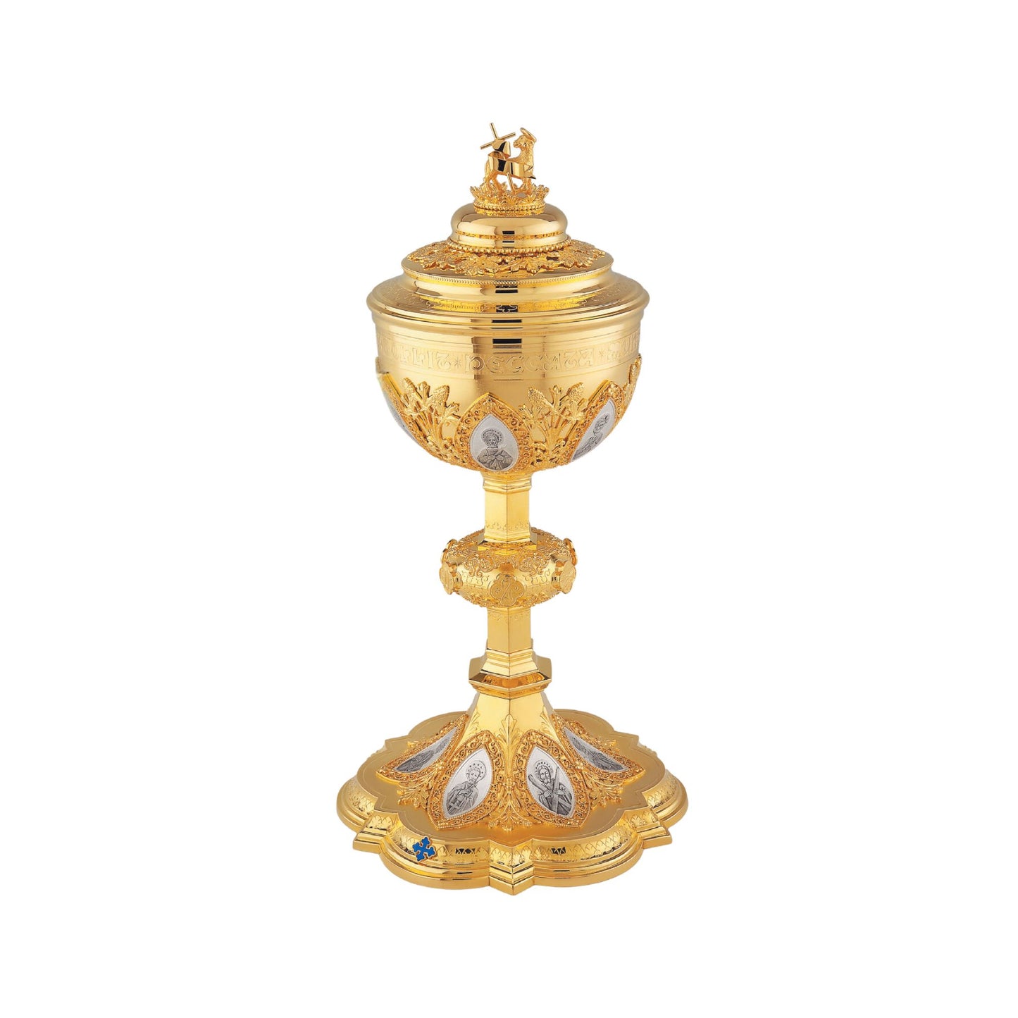 Ciborium in neo-gothic style with medallions of the Twelve Apostles and cup inscription: “ECCE AGNUS DEI QUI TOLLIT PECCATA MUNDI” , 12” Ht. Sold by The Clergy Store