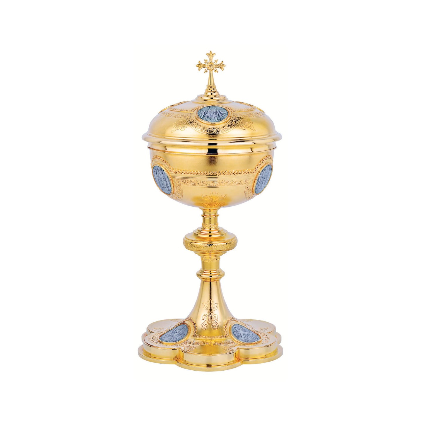 Ciborium with Lid with images of the New Testament brass gold plated. sold by The Clergy Store