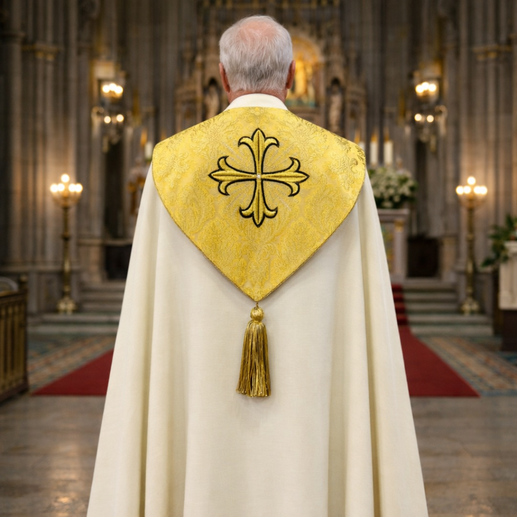 Liturgical brocade cope with crosses in ivory. Perfect for Easter, Benedictions, Processions and Corpus Christi events.