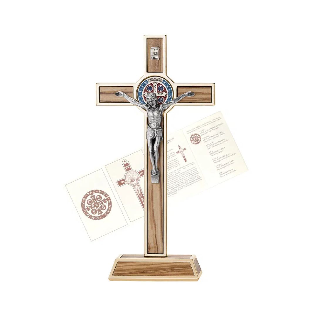St. Benedicts Crucifix with olive wood inlay, gold or silver trim, silver Christ and medal. Made in Italy and sold by The Clergy Store