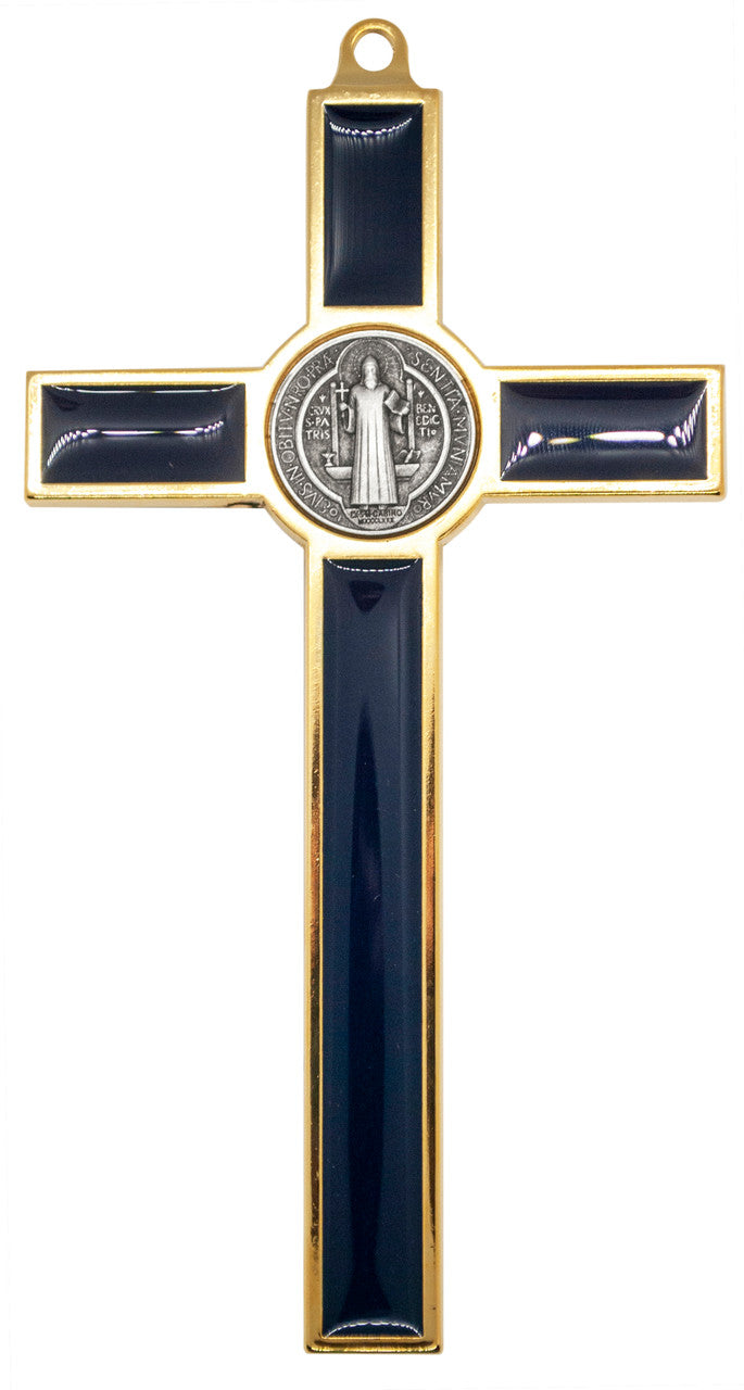 St. Benedicts Crucifix with enamel inlay, gold or silver trim, silver Christ and medal. Made in Italy and sold by The Clergy Store