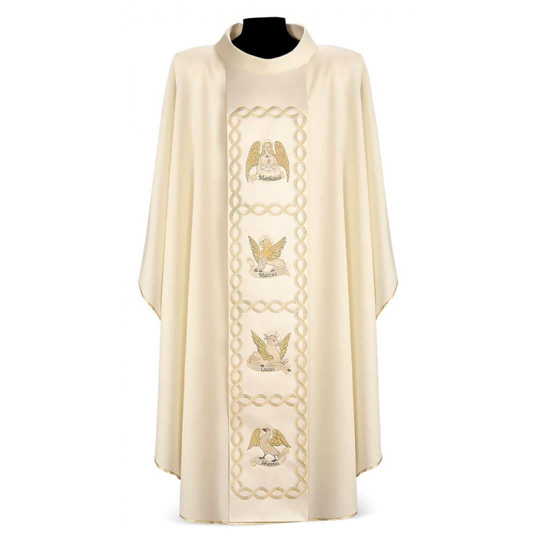 Gothic chasuble with 4 Evangelist embroidery on 100% Wool. Made in Italy and sold by The Clergy Store