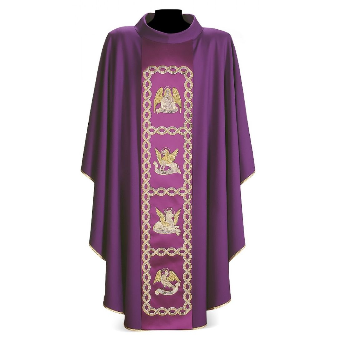 Gothic chasuble with 4 Evangelist embroidery on 100% Wool. Made in Italy and sold by The Clergy Store