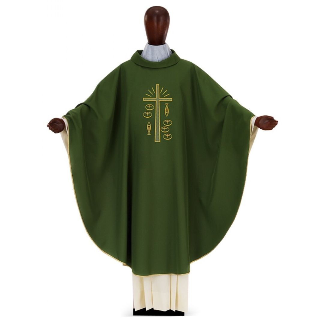 Chasuble with Cross Fish & Loaves by Desta Italy #222 and sold by The Clergy Store