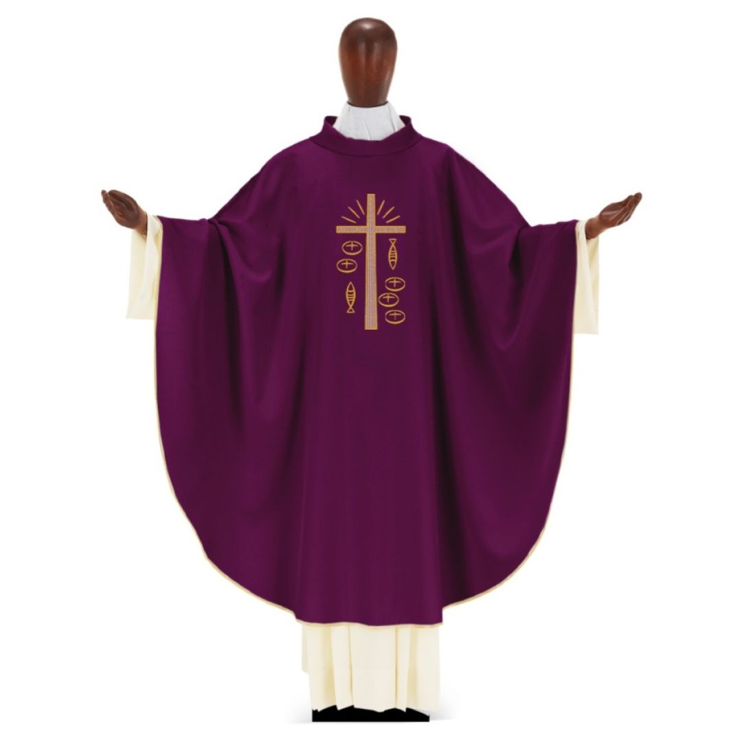 Chasuble with Cross Fish & Loaves by Desta Italy #222 and sold by The Clergy Store