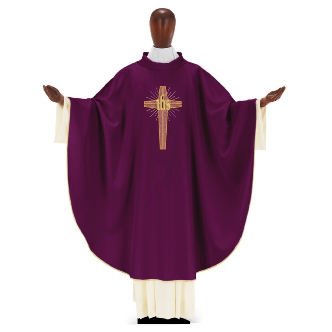 Chasuble with IHS Cross by Desta Italy #224 and sold by The Clergy Store