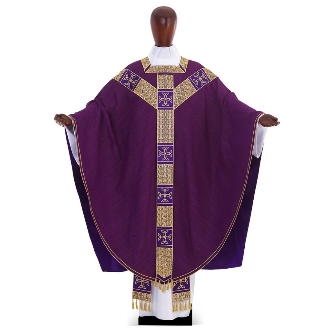 Conical chasuble in Silk with embroidered banding, square neck opening, and Y shaped design. Made in Italy and sold by The Clergy Store