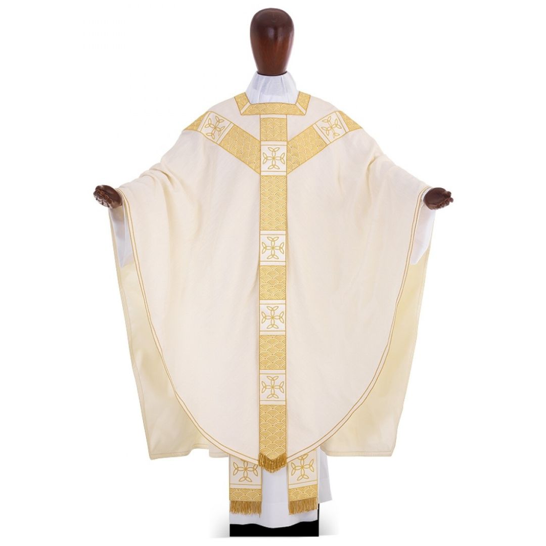 Conical chasuble in Silk with embroidered banding, square neck opening, and Y shaped design. Made in Italy and sold by The Clergy Store