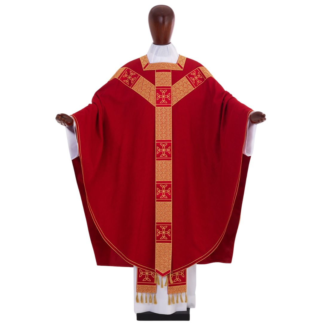 Conical chasuble in Silk with embroidered banding, square neck opening, and Y shaped design. Made in Italy and sold by The Clergy Store