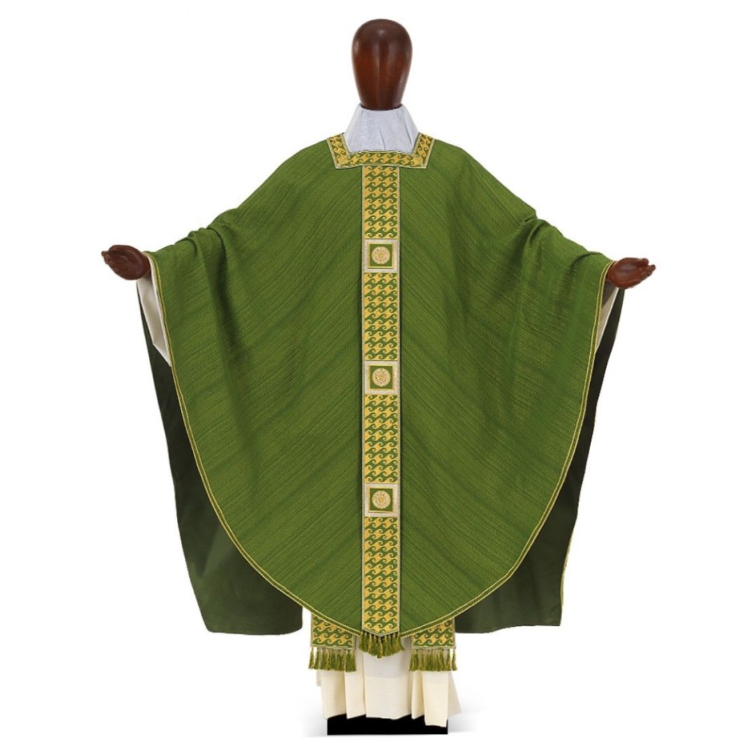 Conical chasuble in Silk with embroidered banding, square neck opening. Made in Italy and sold by The Clergy Store