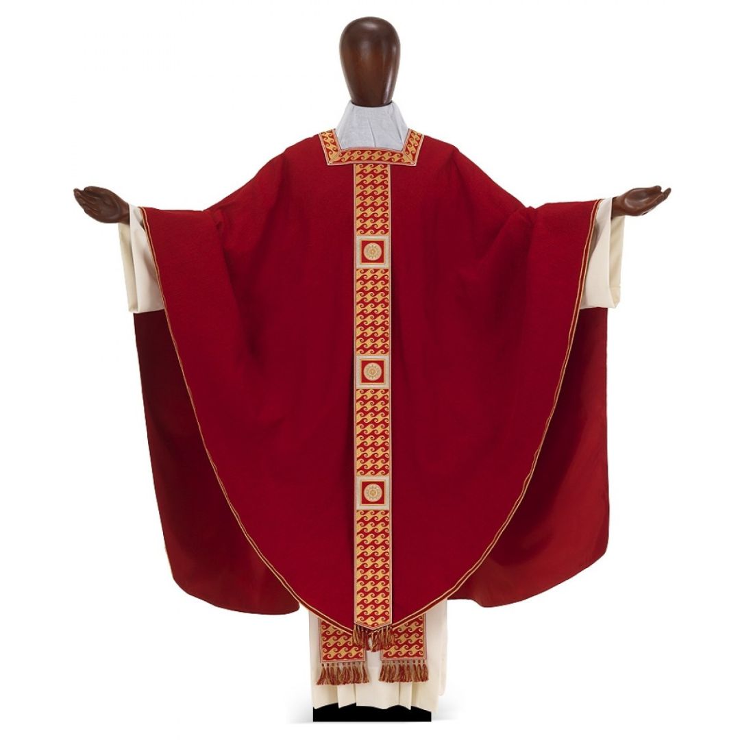 Conical chasuble in Silk with embroidered banding, square neck opening. Made in Italy and sold by The Clergy Store