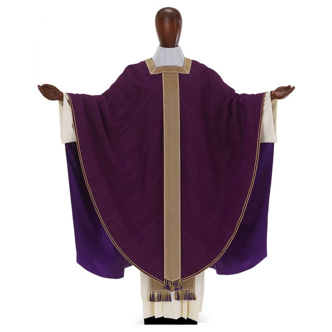 Conical chasuble in Silk with embroidered banding, square neck opening. Made in Italy and sold by The Clergy Store