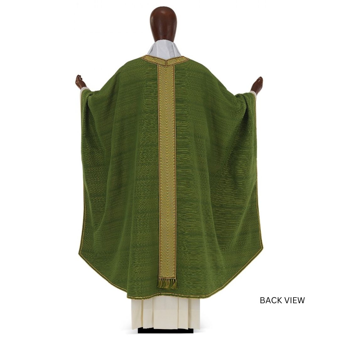 Conical chasuble in Silk with embroidered banding, square neck opening. Made in Italy and sold by The Clergy Store