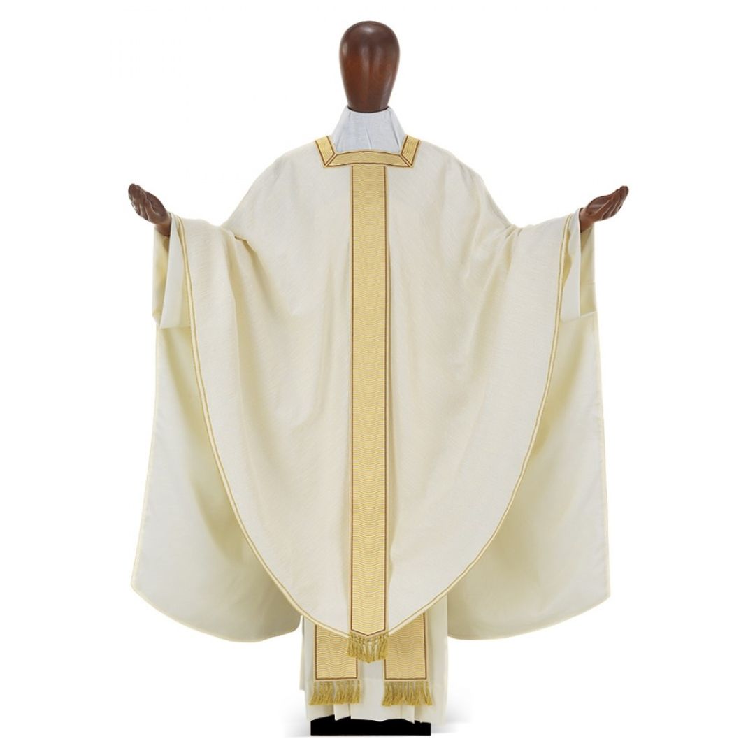 Conical chasuble in Silk with embroidered banding, square neck opening. Made in Italy and sold by The Clergy Store