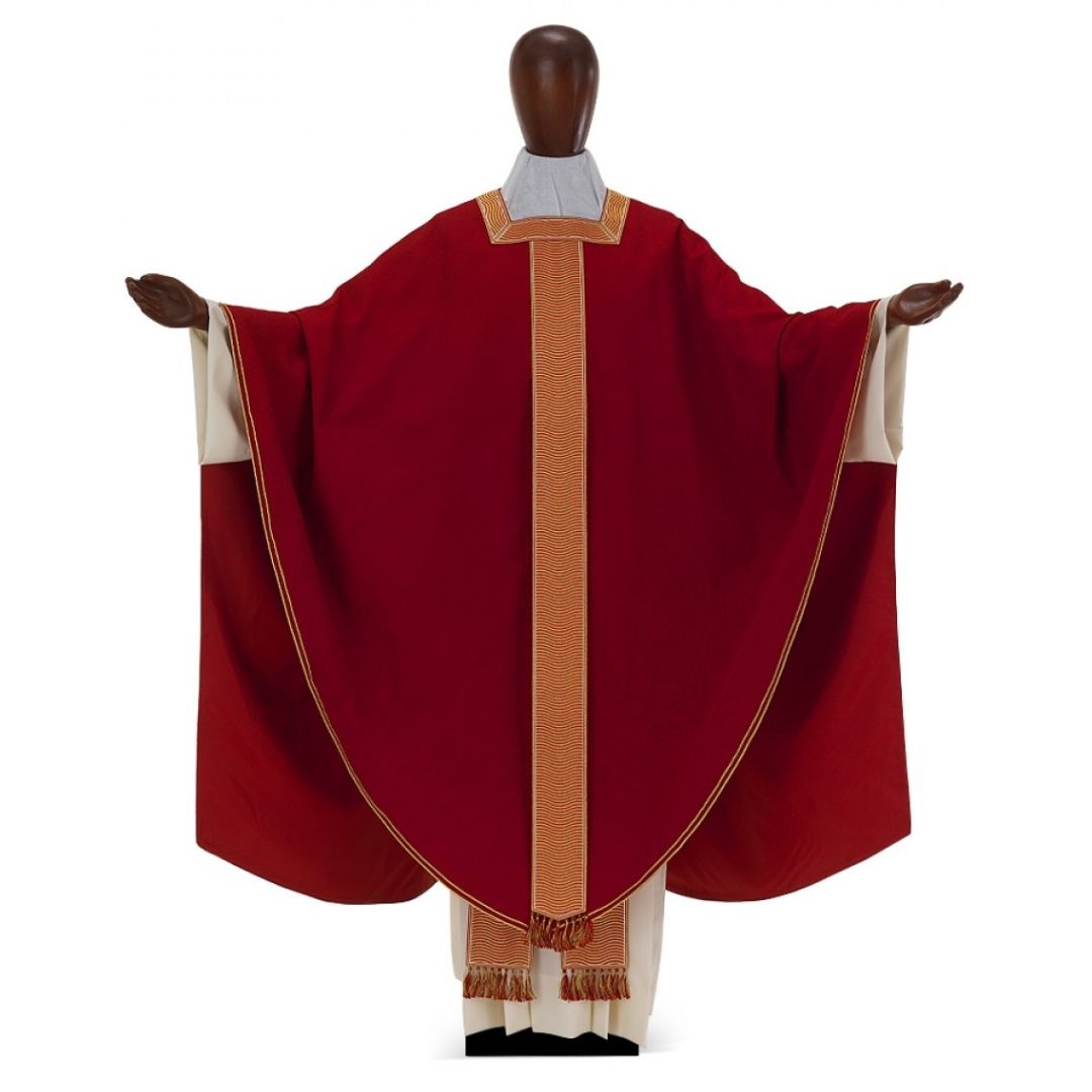 Conical chasuble in Silk with embroidered banding, square neck opening. Made in Italy and sold by The Clergy Store