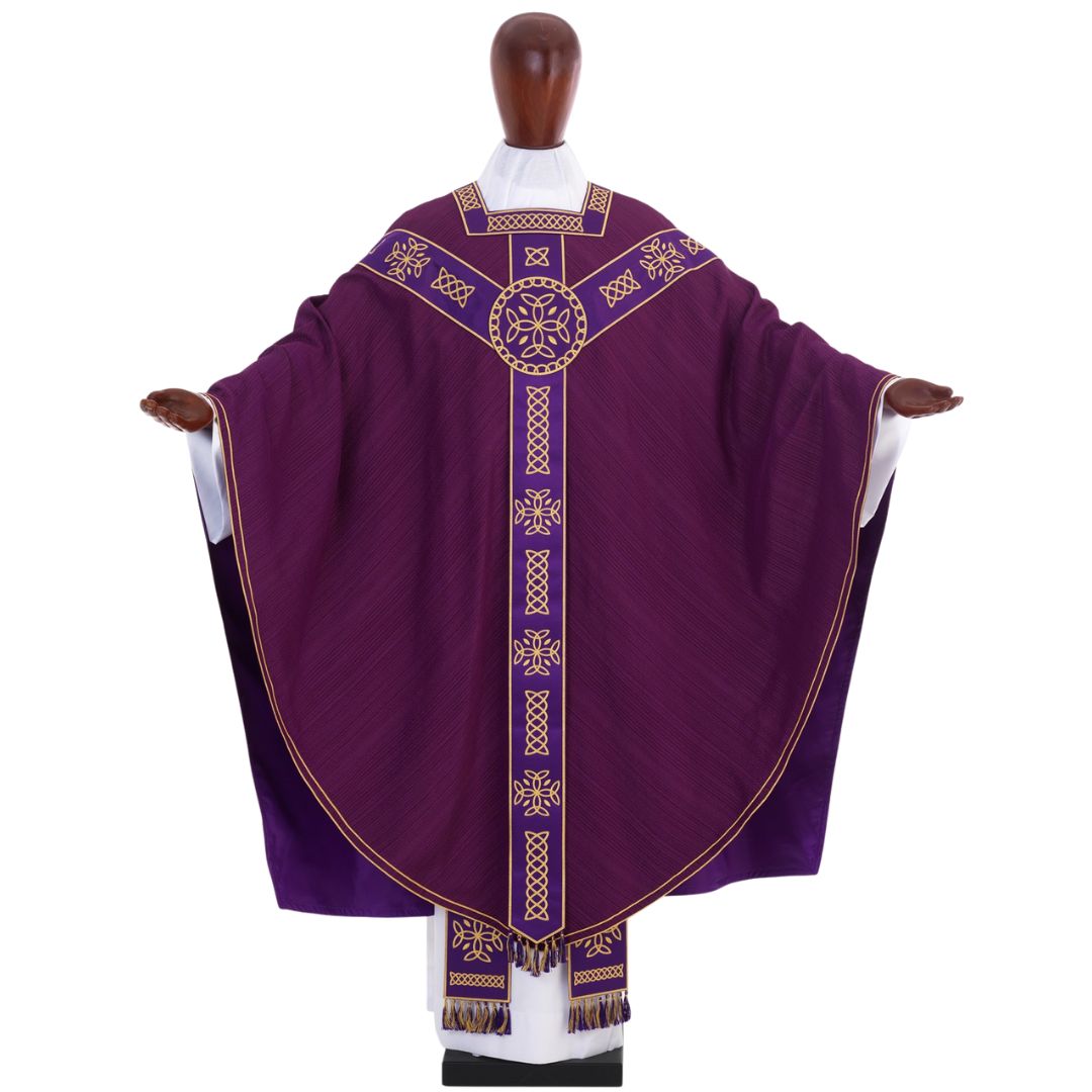 Conical chasuble in Silk with embroidered banding, square neck opening, and Y shaped design. Made in Italy and sold by The Clergy Store