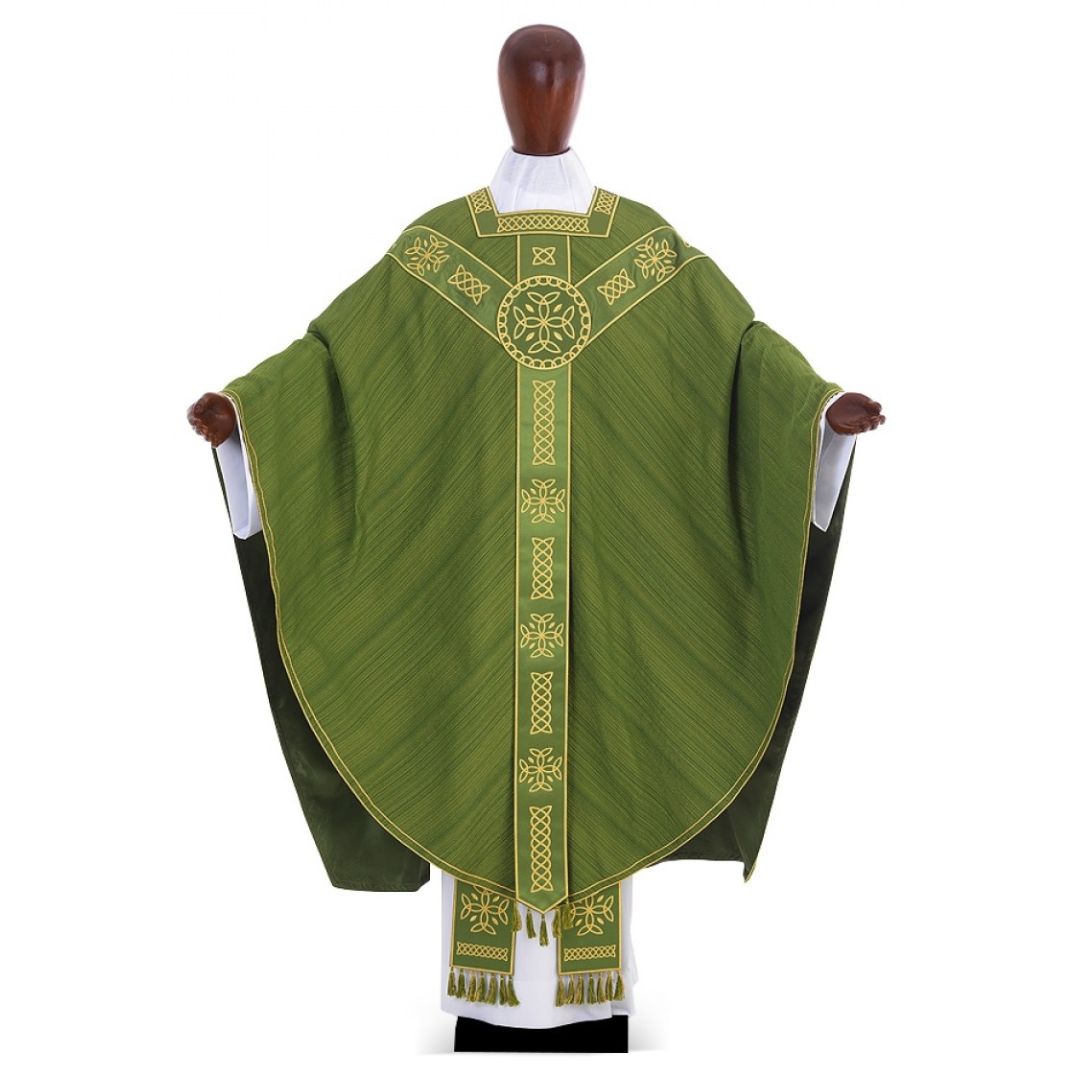 Conical chasuble in Silk with embroidered banding, square neck opening, and Y shaped design. Made in Italy and sold by The Clergy Store