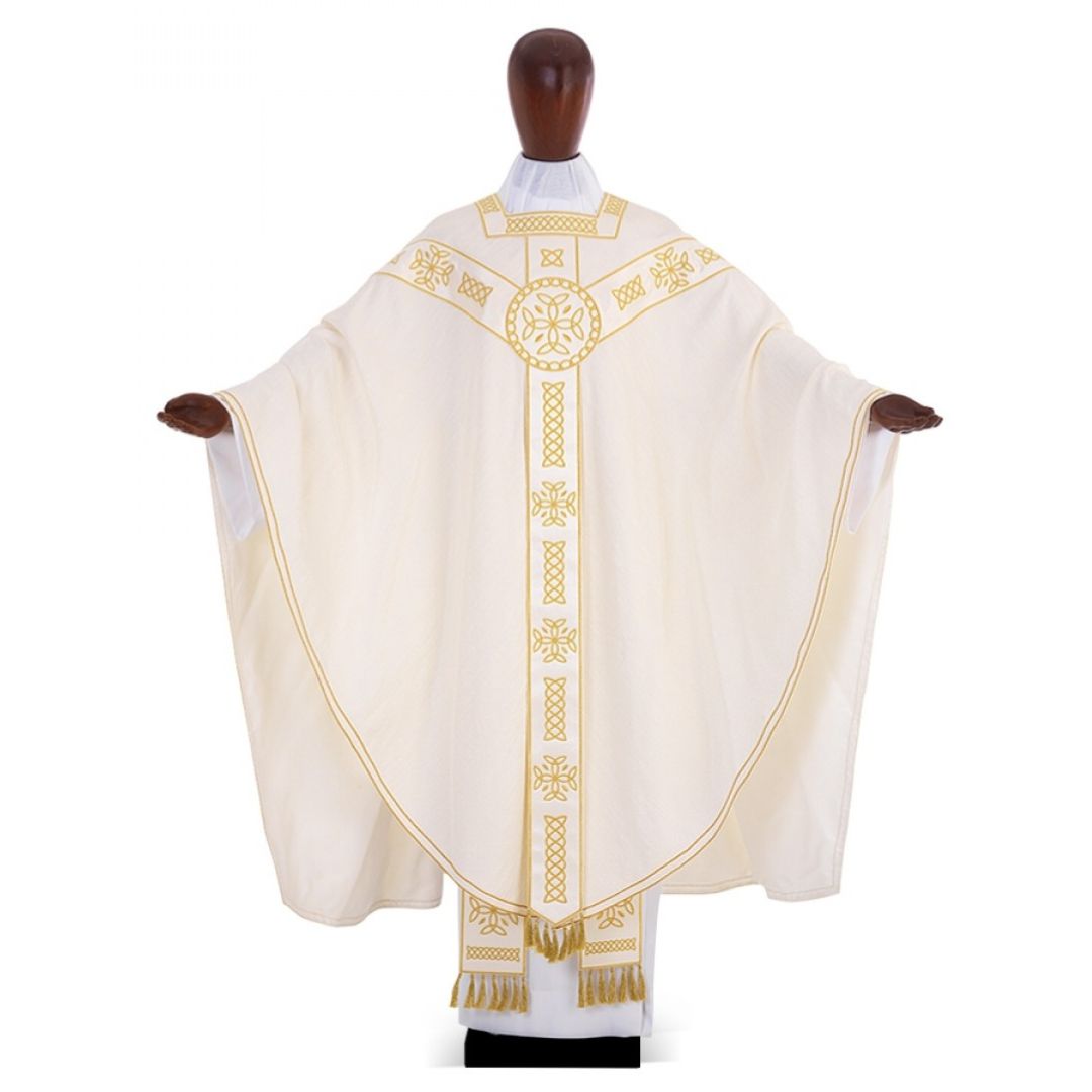 Conical chasuble in Silk with embroidered banding, square neck opening, and Y shaped design. Made in Italy and sold by The Clergy Store