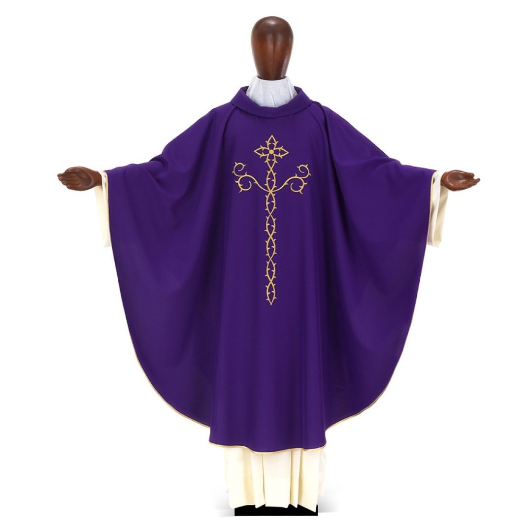 Gothic chasuble with Passio cross embroidery. Made in Italy and sold by The Clergy Store