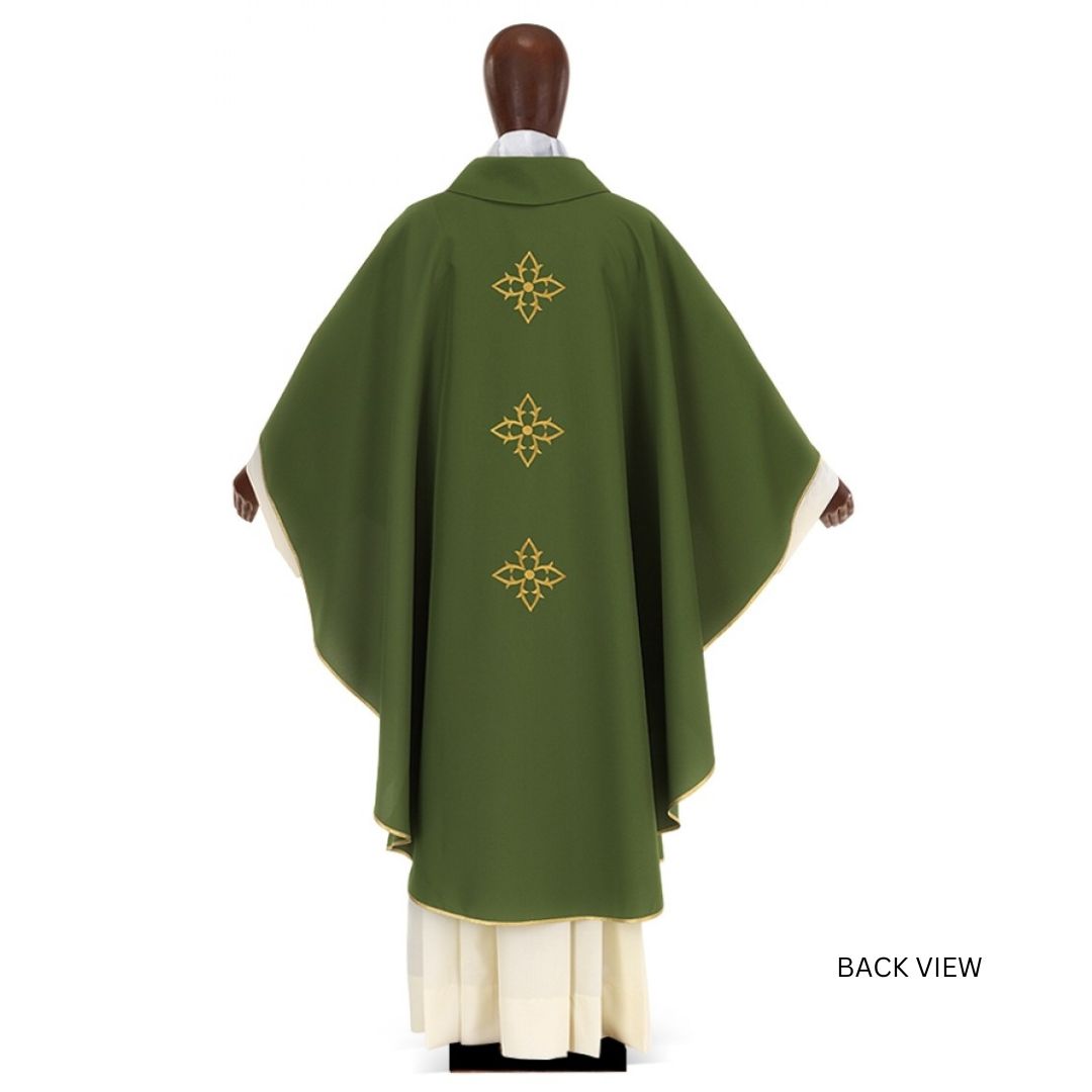 Gothic chasuble with Passio cross embroidery. Made in Italy and sold by The Clergy Store