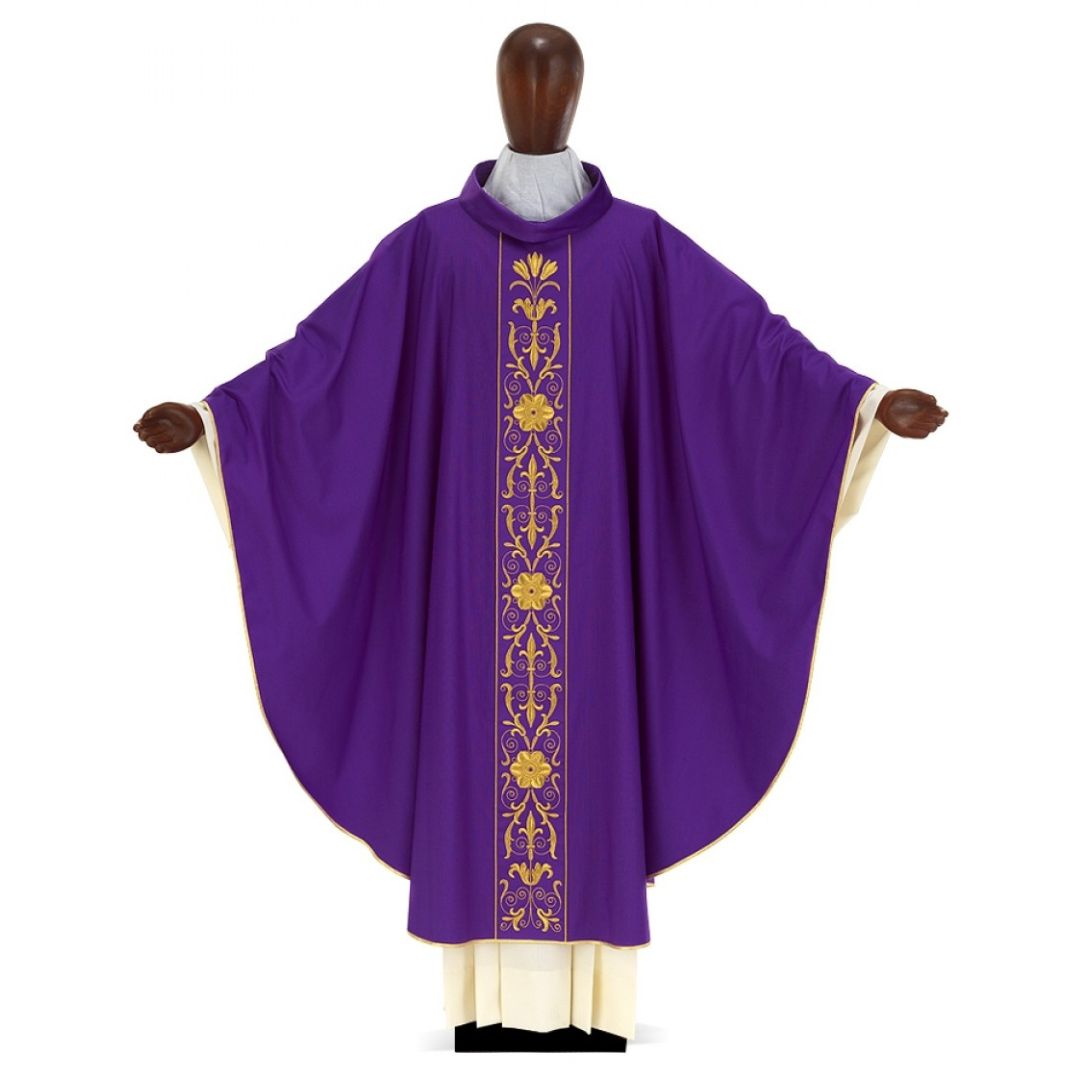 Chasuble with gold filigree embroidery on wool. Style#6083 by Desta Italy and sold by The Clergy Store