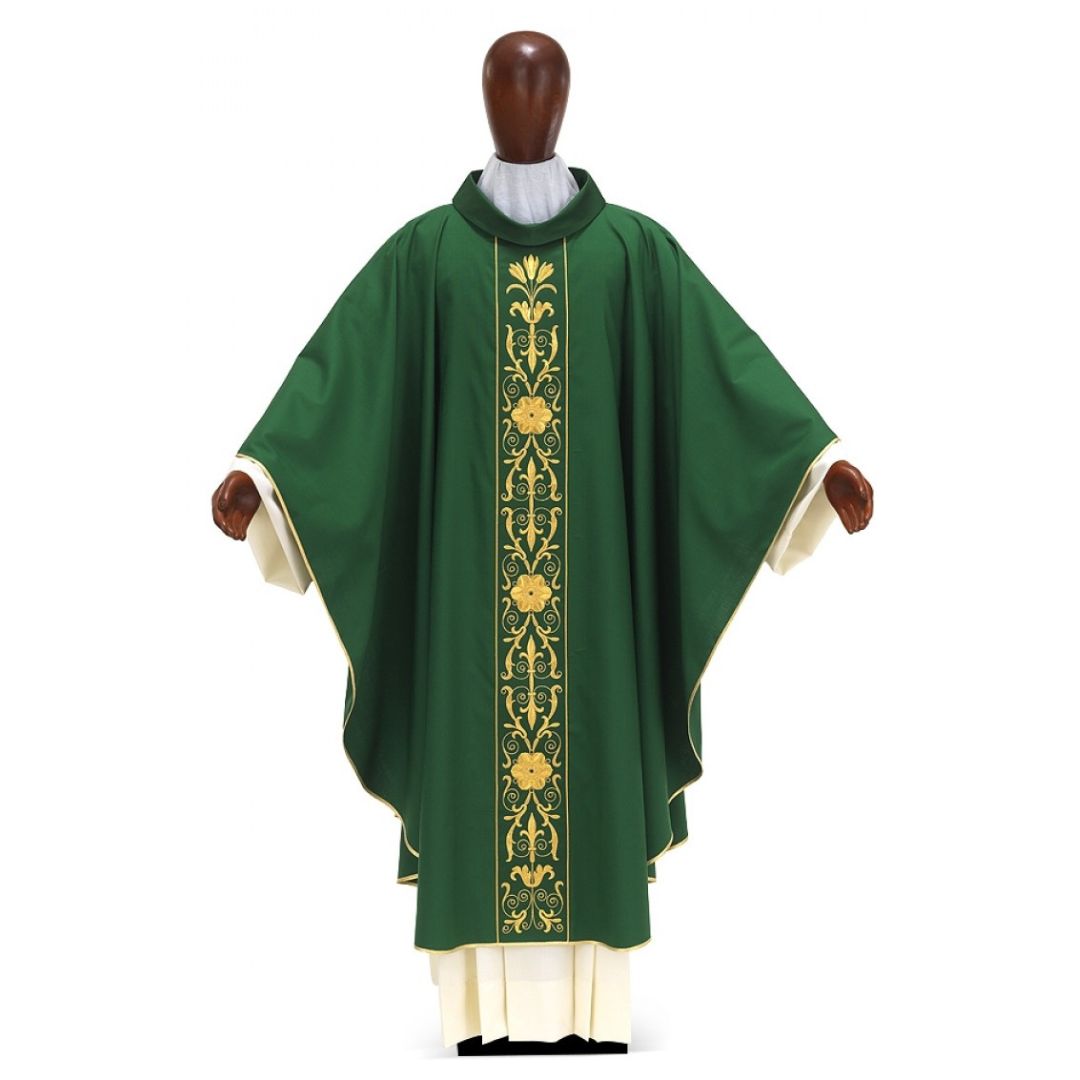 Chasuble with gold filigree embroidery on wool. Style#6083 by Desta Italy and sold by The Clergy Store