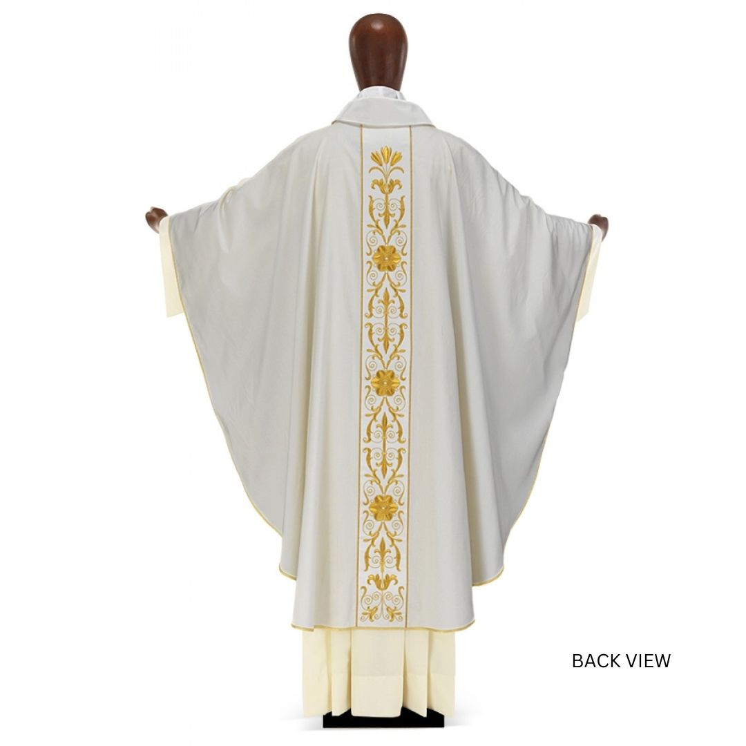 Chasuble with gold filigree embroidery on wool. Style#6083 by Desta Italy and sold by The Clergy Store