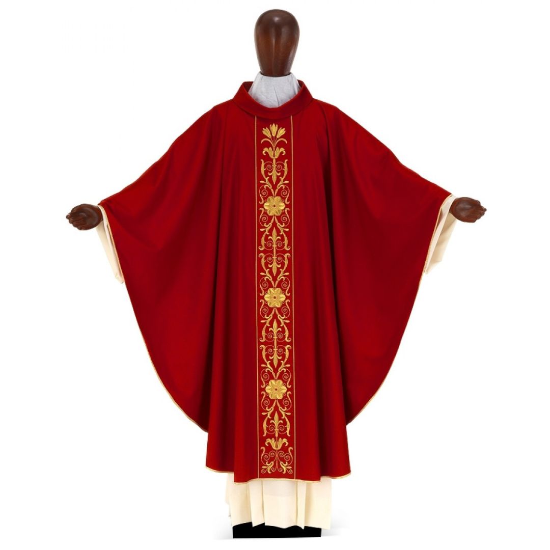 Chasuble with gold filigree embroidery on wool. Style#6083 by Desta Italy and sold by The Clergy Store