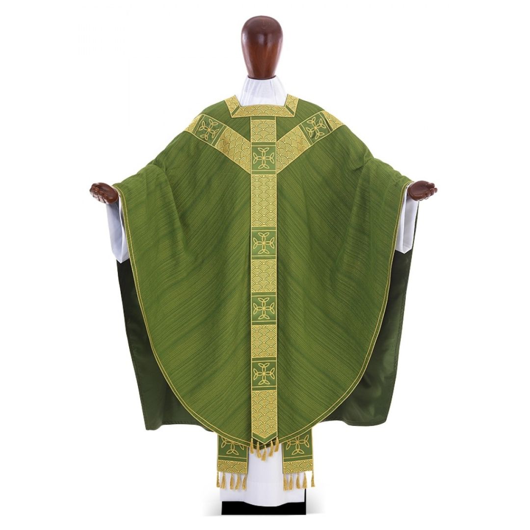 Conical chasuble in Silk with embroidered banding, square neck opening, and Y shaped design. Made in Italy and sold by The Clergy Store