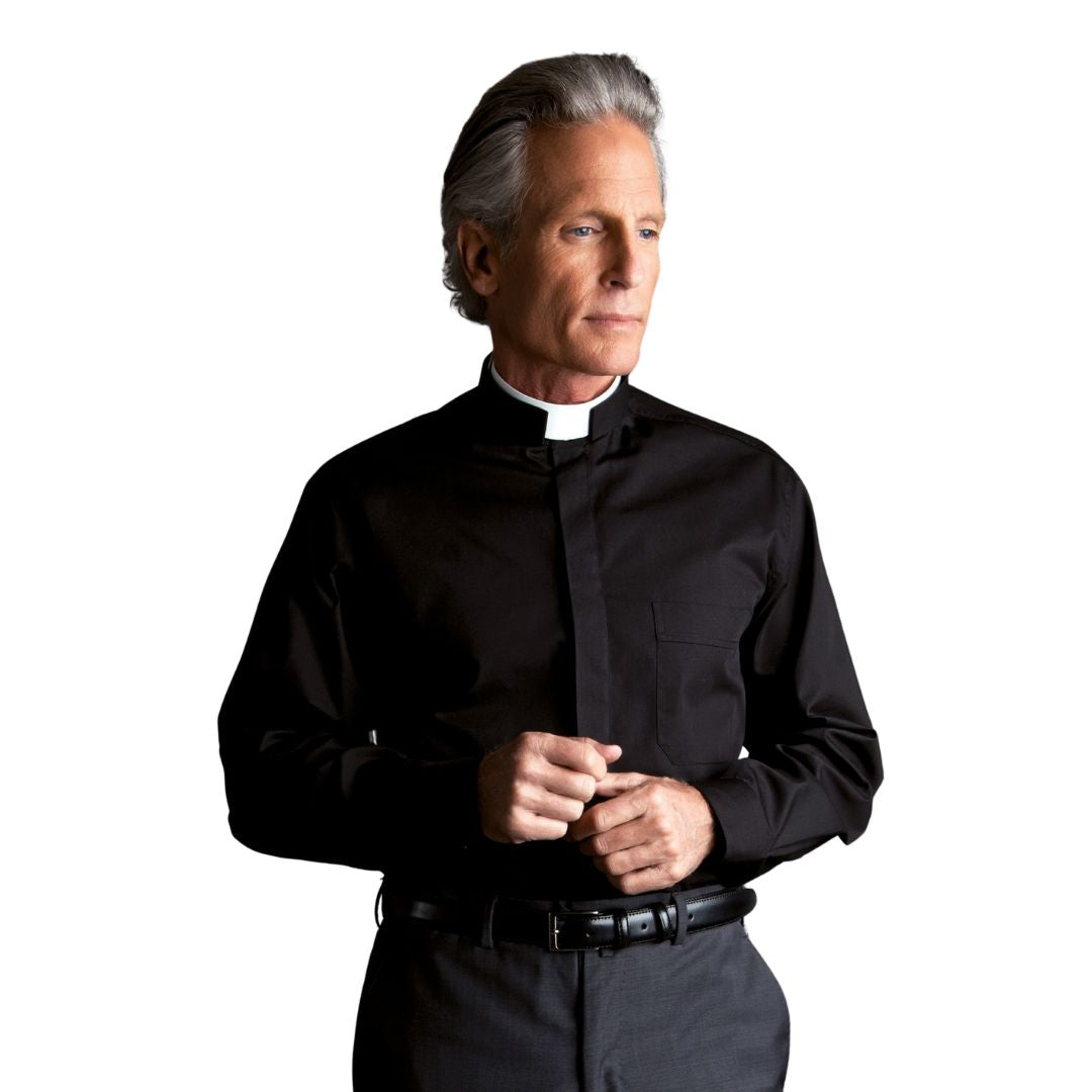 Roman style clergy shirt style 152 long sleeve in black made in Italy by Desta and sold by The Clergy Store